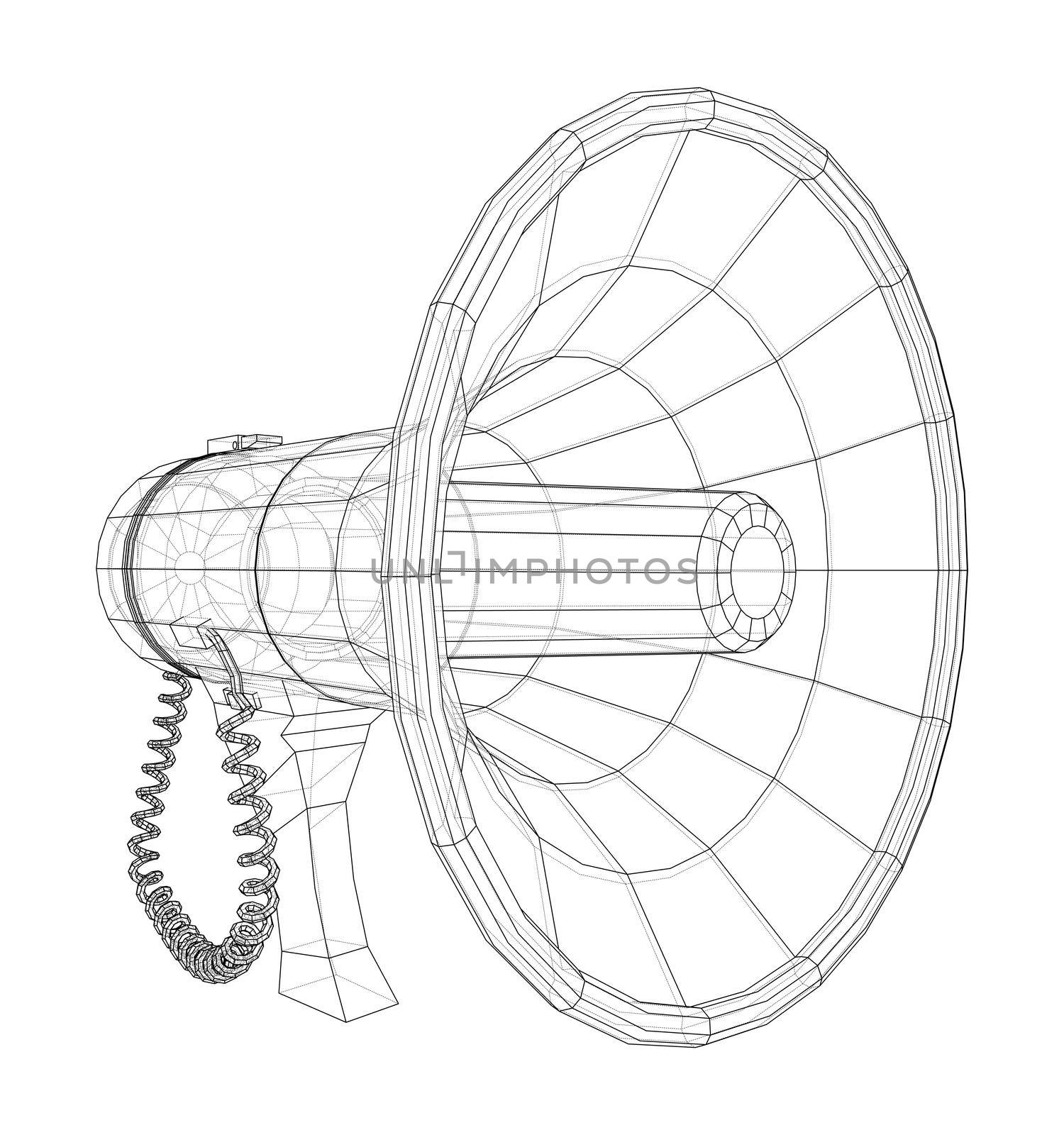 Megaphone concept outline. 3d illustration. Wire-frame style