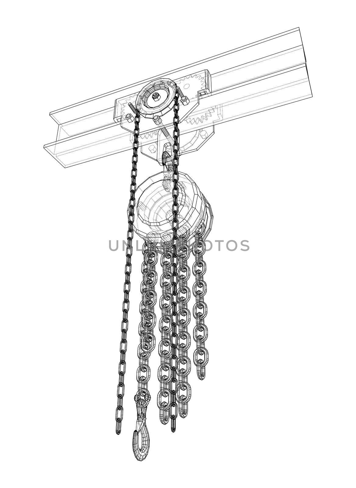 A Hoist on the beam. 3d illustration. Wire-frame style