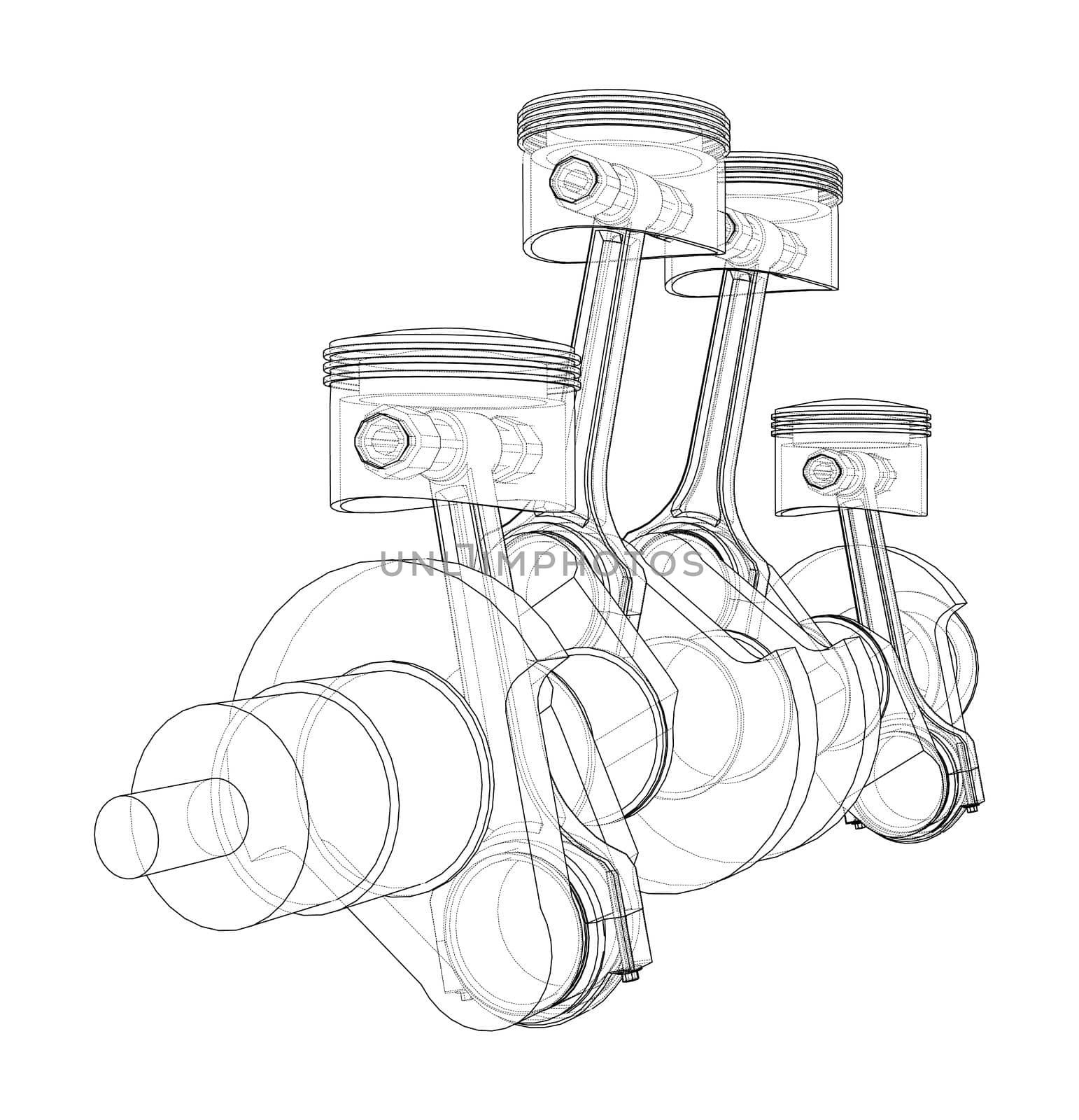 Engine crankshaft with pistons outline. 3d illustration. Wire-frame style