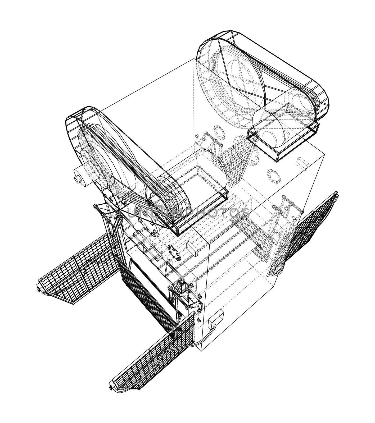 Powerful Press. 3d illustration. Wire-frame or blueprint style