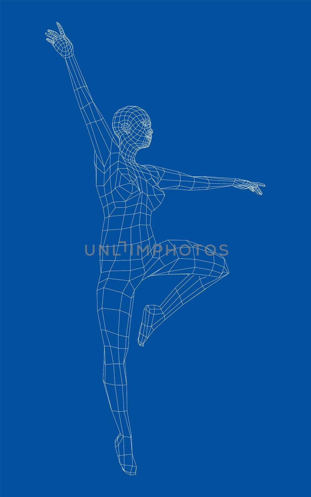 Wireframe ballerina or dancer in dance pose. 3d illustration