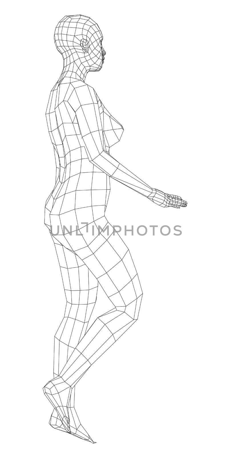 Wireframe walking woman. 3d illustration. Female in walking pose