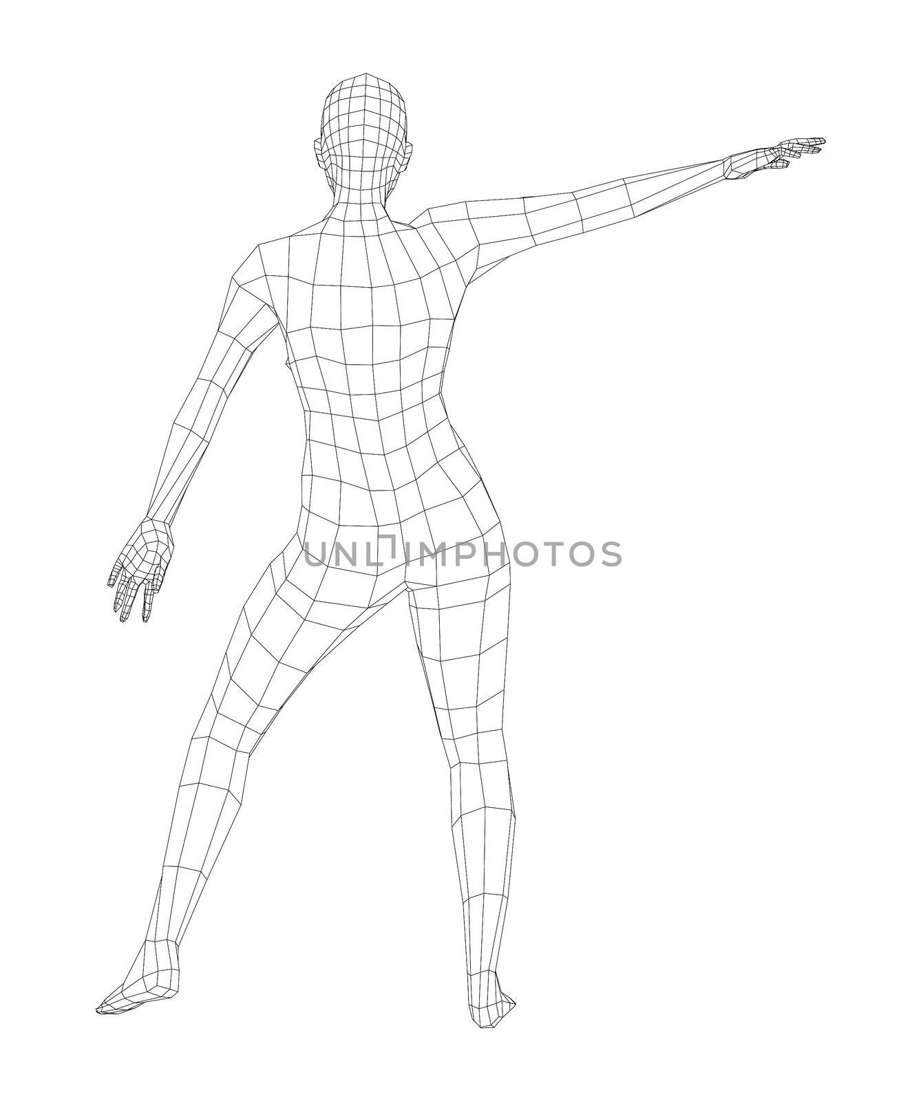 Wireframe ballerina or dancer in dance pose. 3d illustration