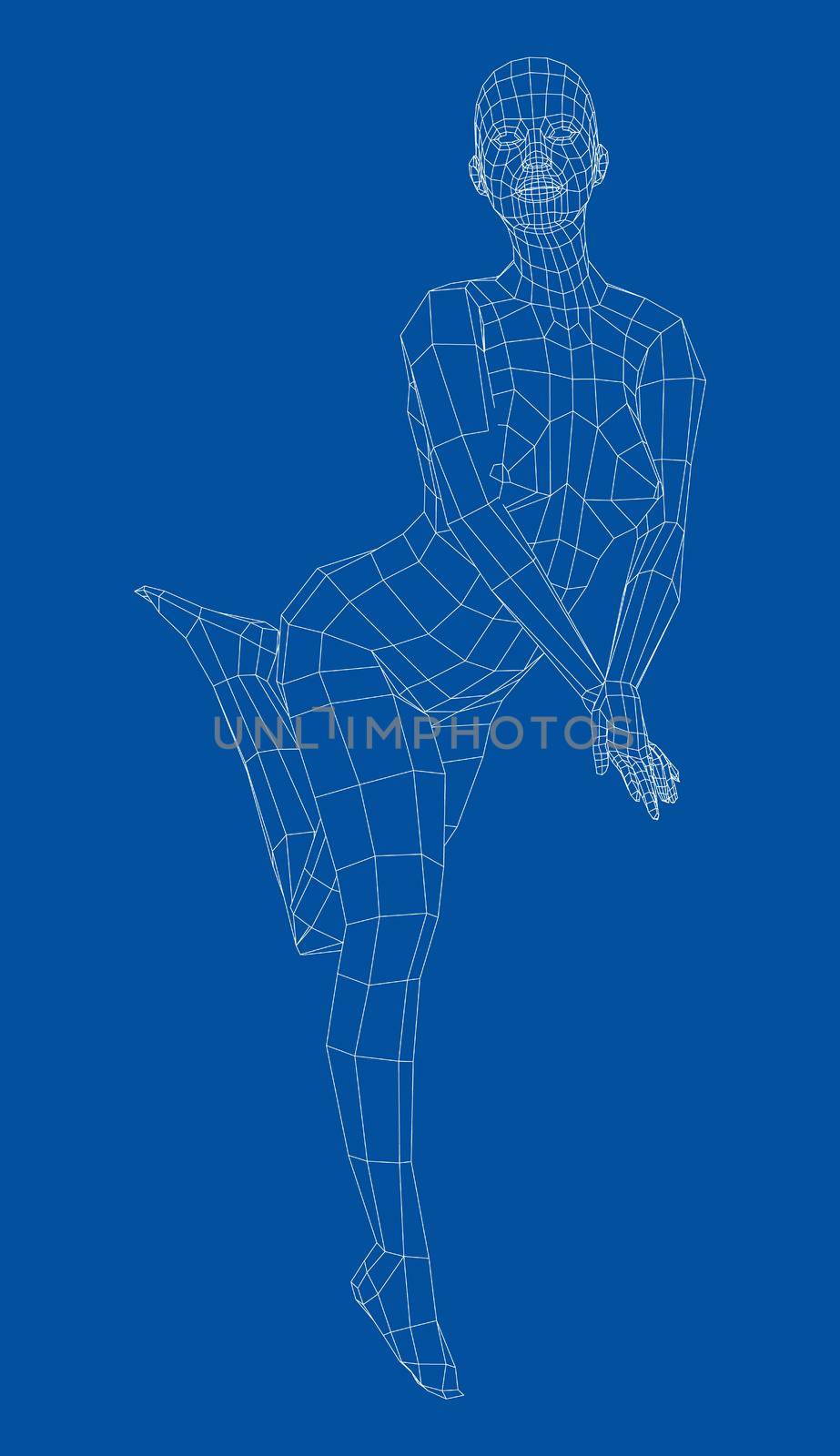 Wireframe girl posing in a sexy pose. Stands on tiptoe, lifted one leg. 3d illustration