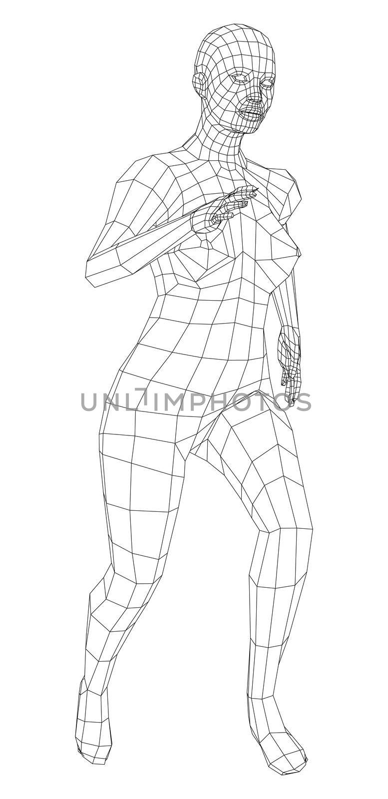 Wireframe running woman. 3d illustration. Woman in running pose