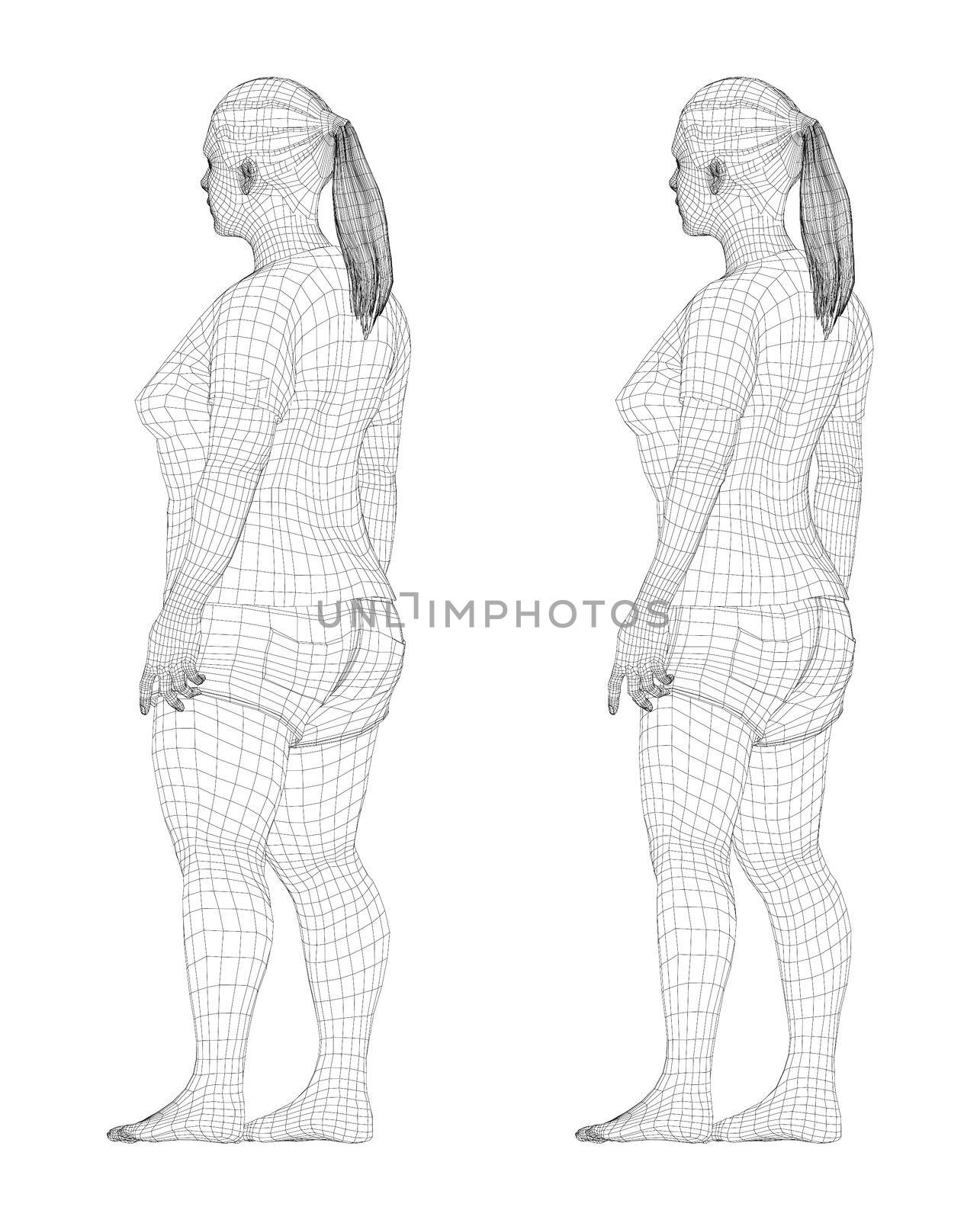 Fat and slim woman, before and after weight loss in sportswear. 3d illustration. Rear view