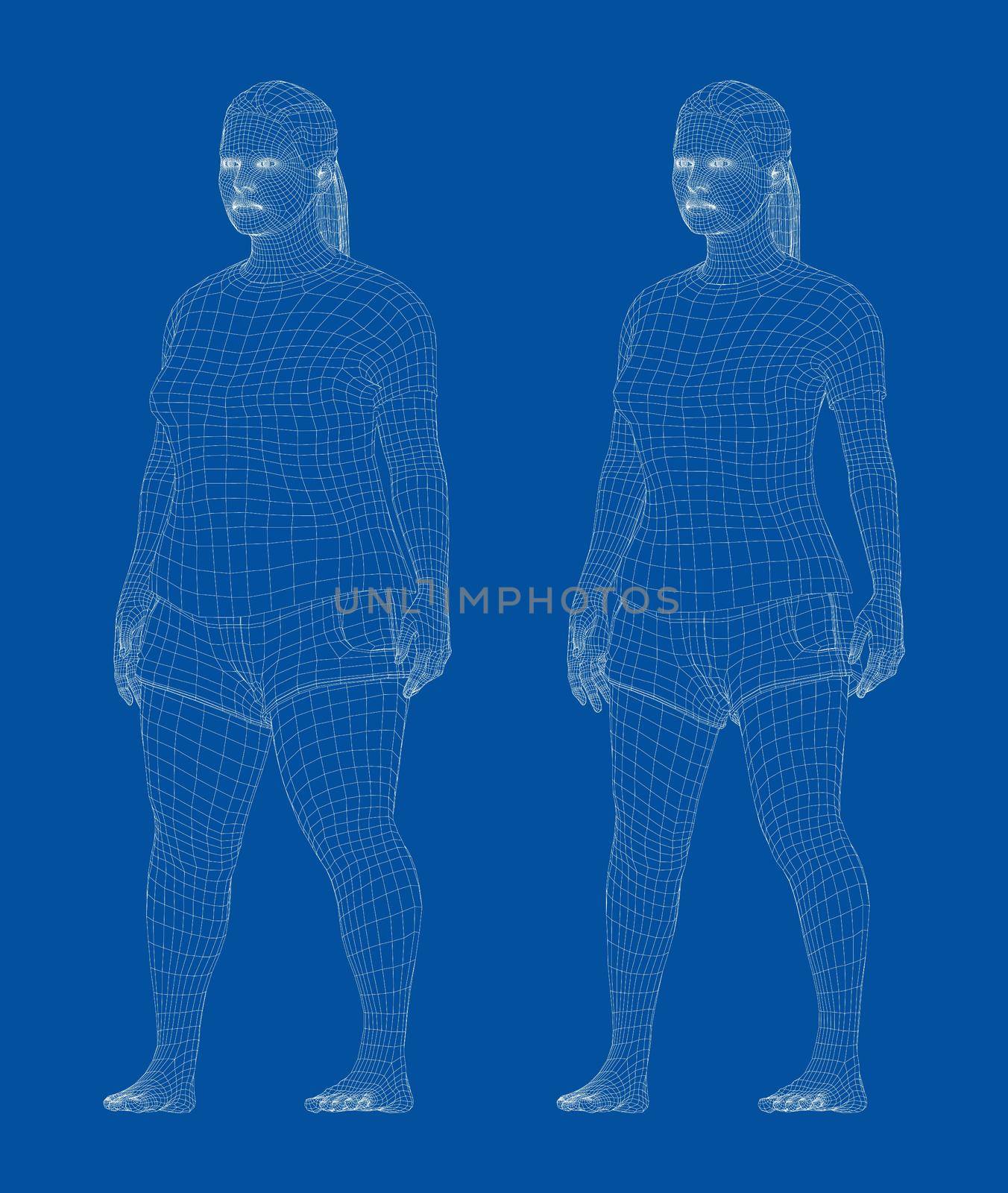 Fat and slim woman, before and after weight loss in sportswear. 3d illustration