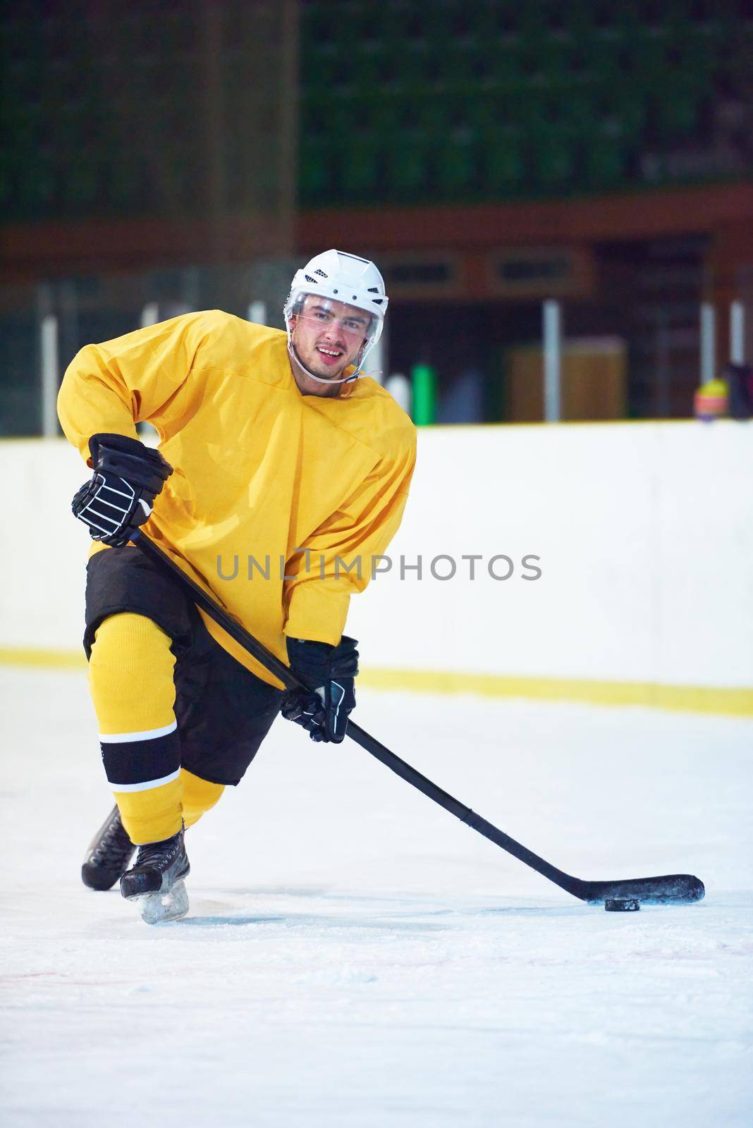 ice hockey player in action kicking with stick