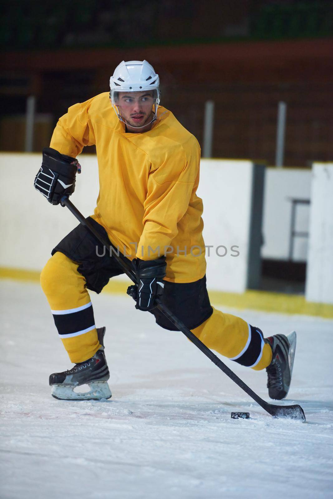 ice hockey player in action kicking with stick