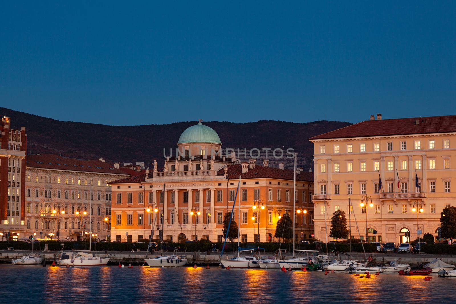 Evening view of the Palazzo Carciotti in Trieste, Italy