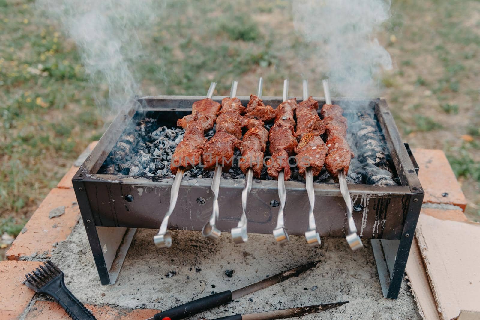 closeup of some meat skewers being grilled in a barbecue. by Andrii_Ko