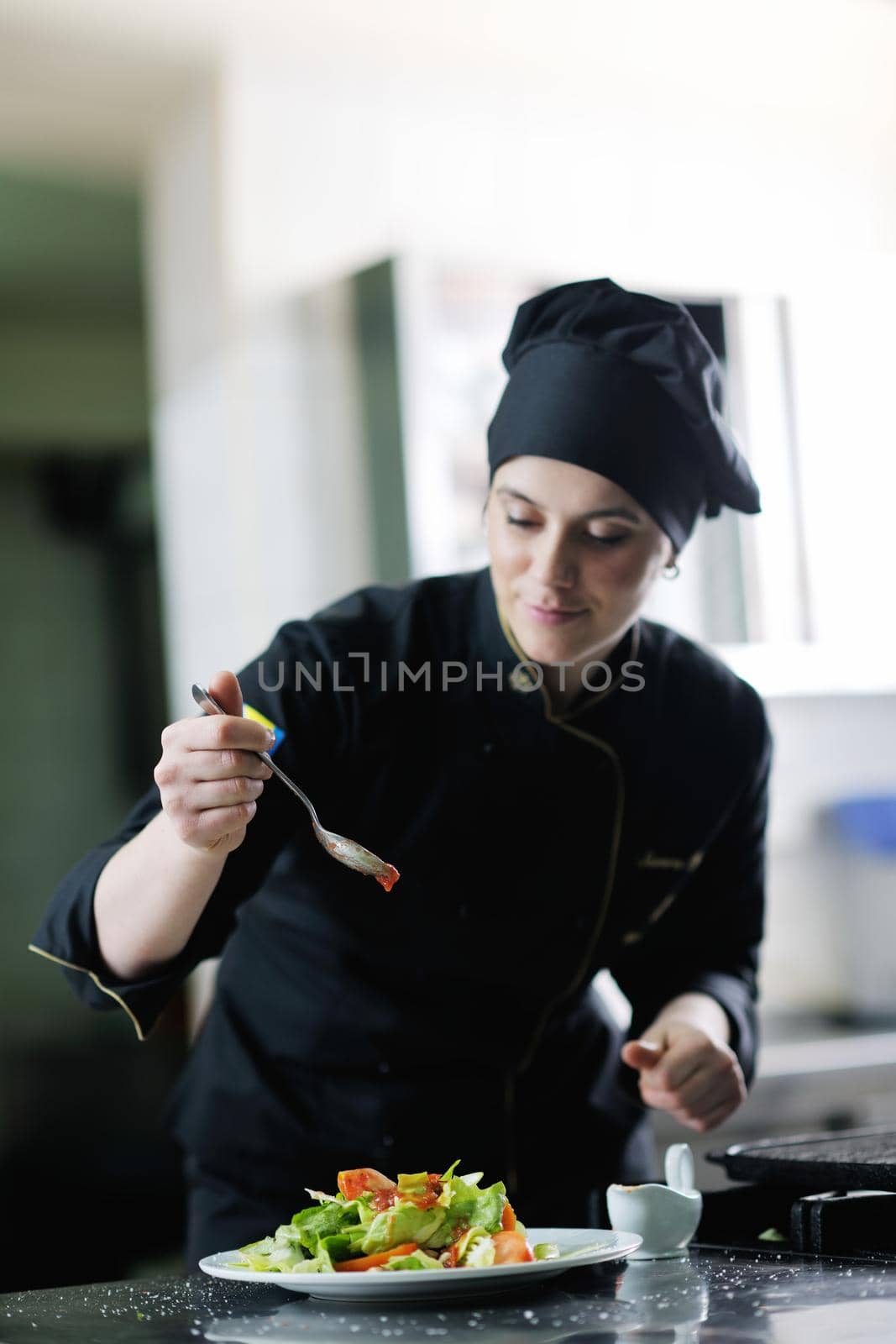 beautiful young chef woman prepare and decorating tasty food in kitchen