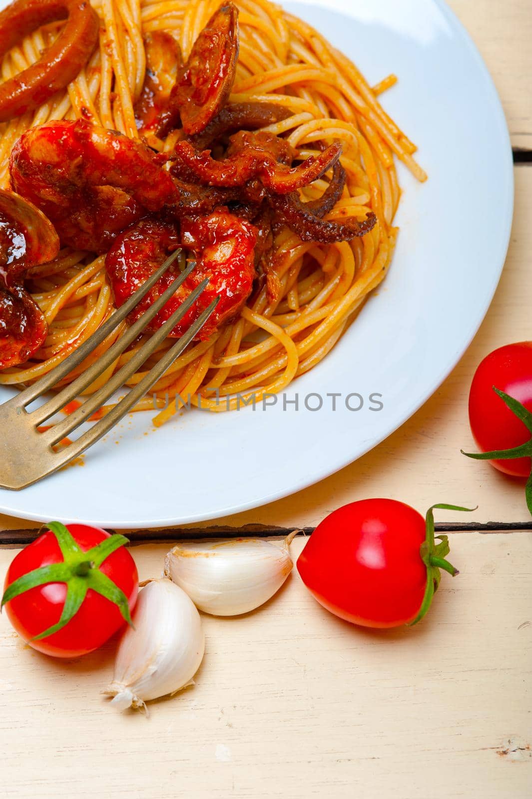 Italian seafood spaghetti pasta on red tomato sauce  by keko64