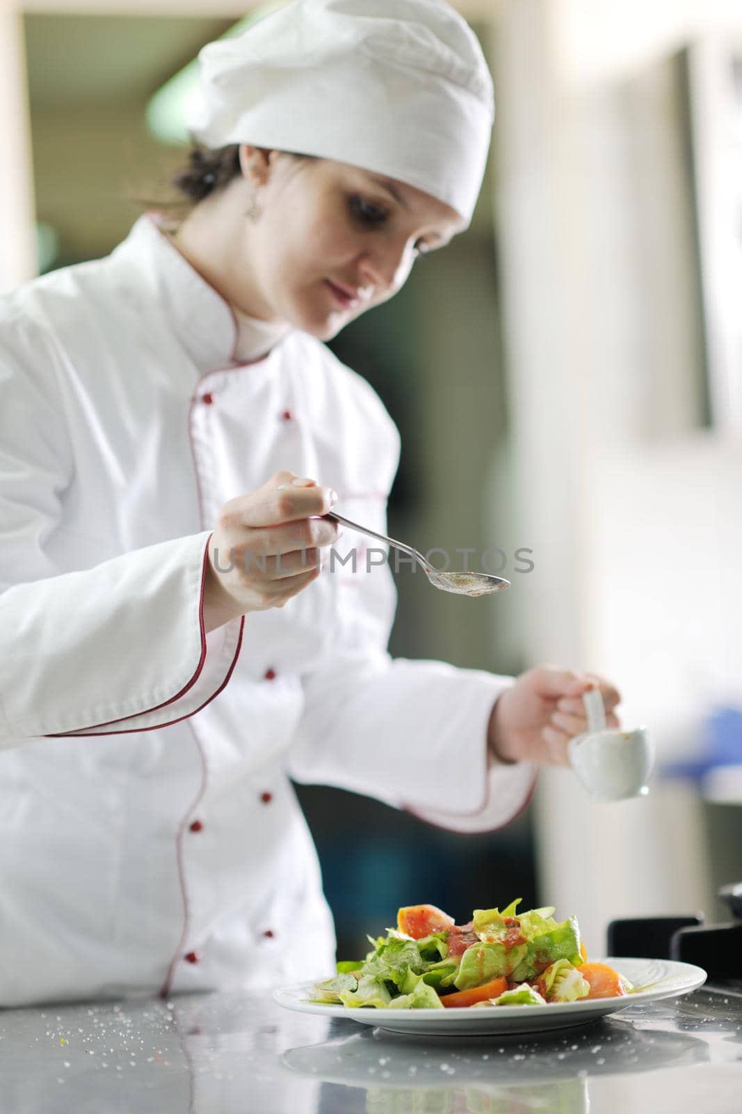 beautiful young chef woman prepare and decorating tasty food in kitchen