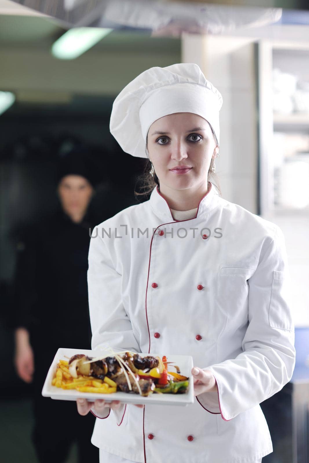 beautiful young chef woman prepare and decorating tasty food in kitchen