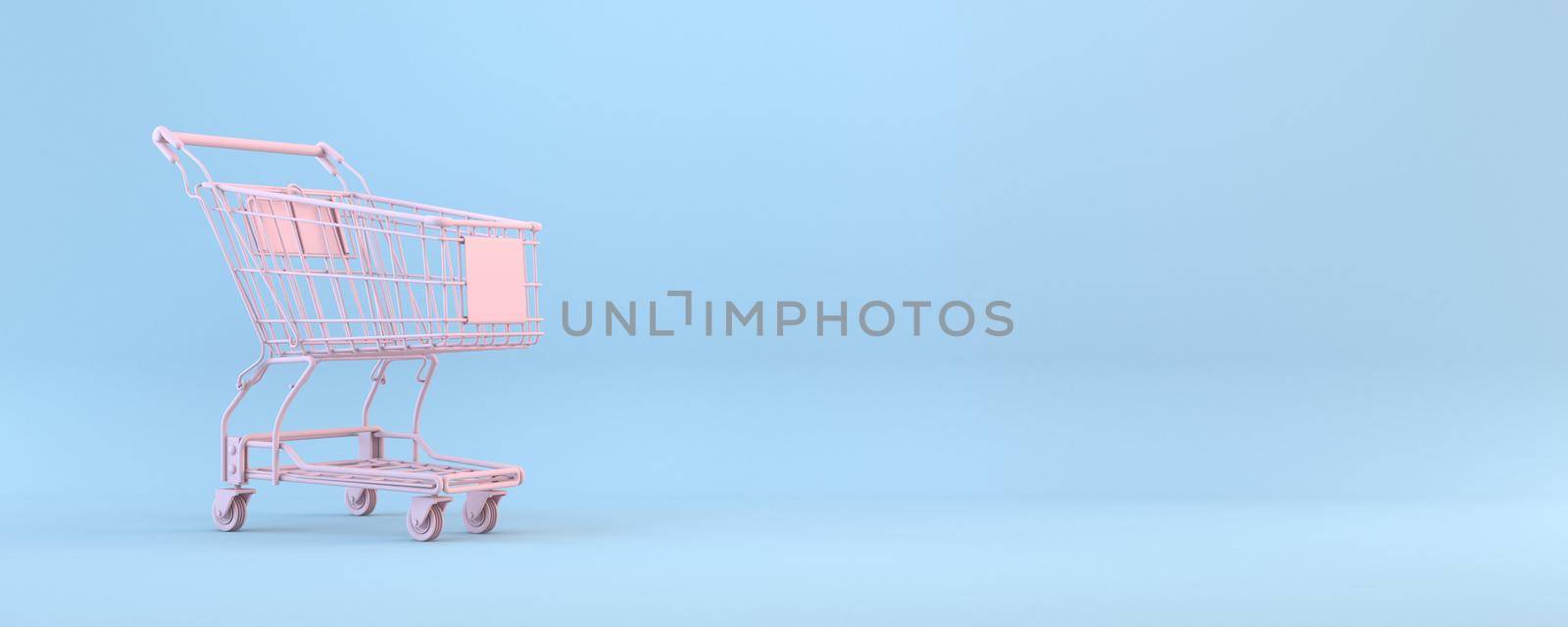 Pink shopping cart 3D rendering illustration isolated on blue background