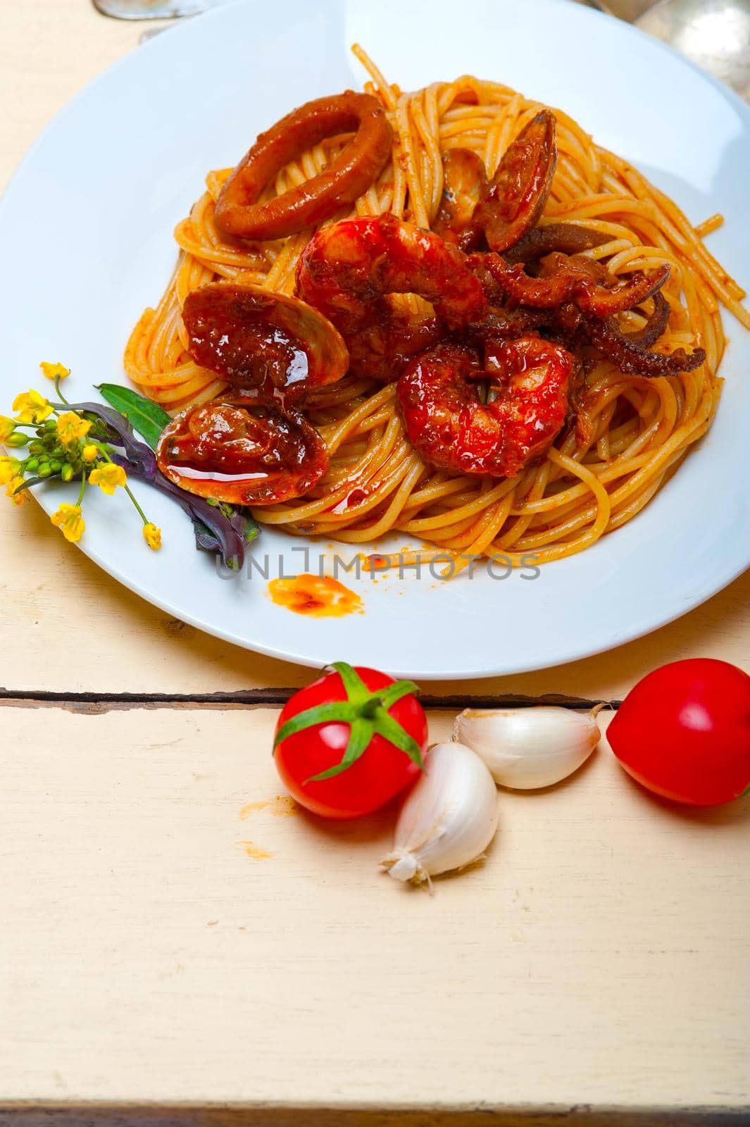 Italian seafood spaghetti pasta on red tomato sauce  by keko64