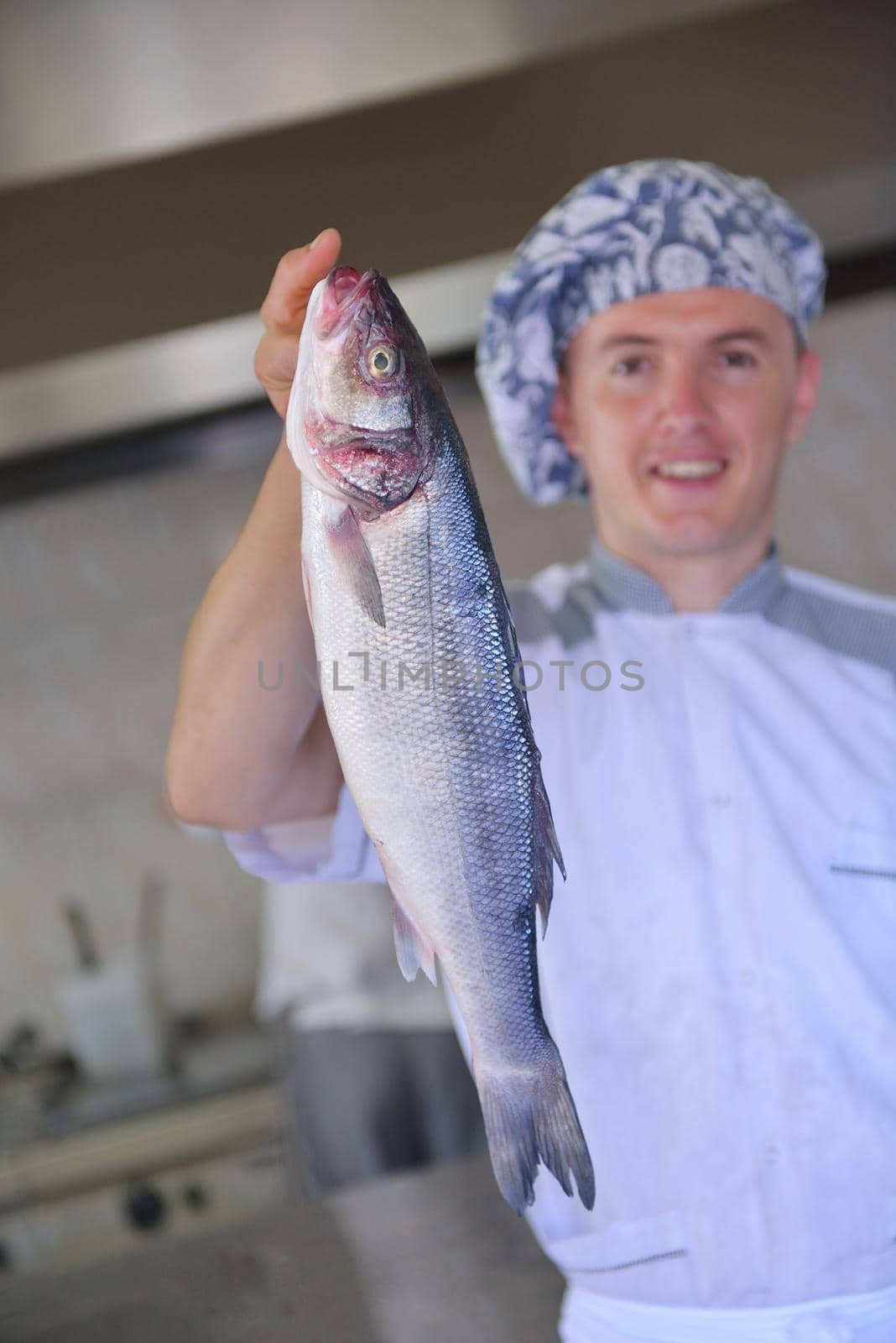 Handsome chef dressed in white uniform decorating pasta salad and seafood fish in modern kitchen