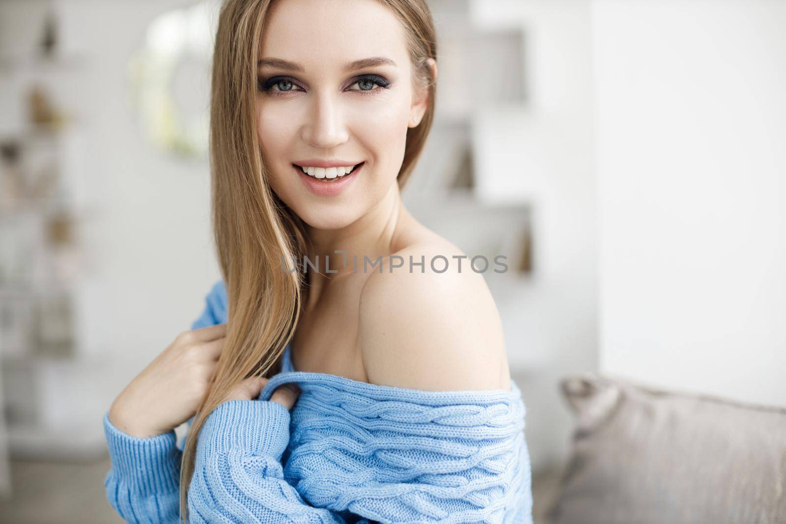 portrait cozy woman indoor. High quality photo