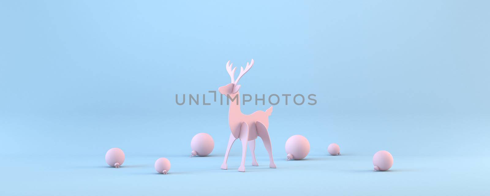 Pink Christmas balls wooden reindeer and 3D rendering illustration isolated on blue background
