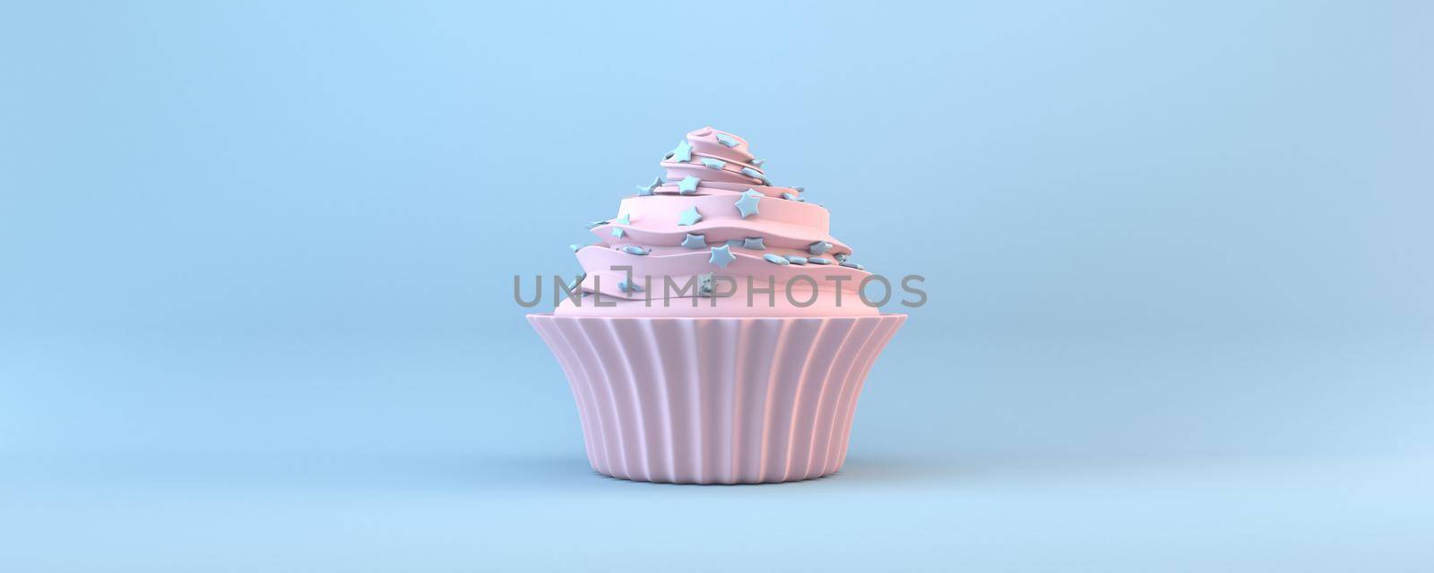 Pink cupcake 3D rendering illustration isolated on blue background