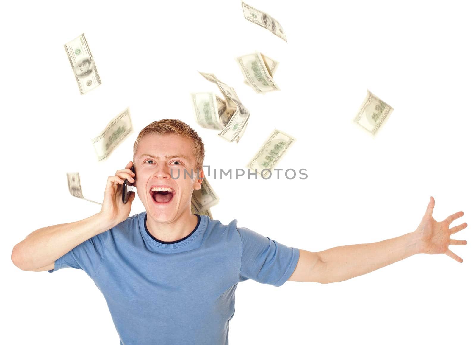 Crazy male with mobile phone and moneylaughing. Sure he gets good news. Isolated on white.