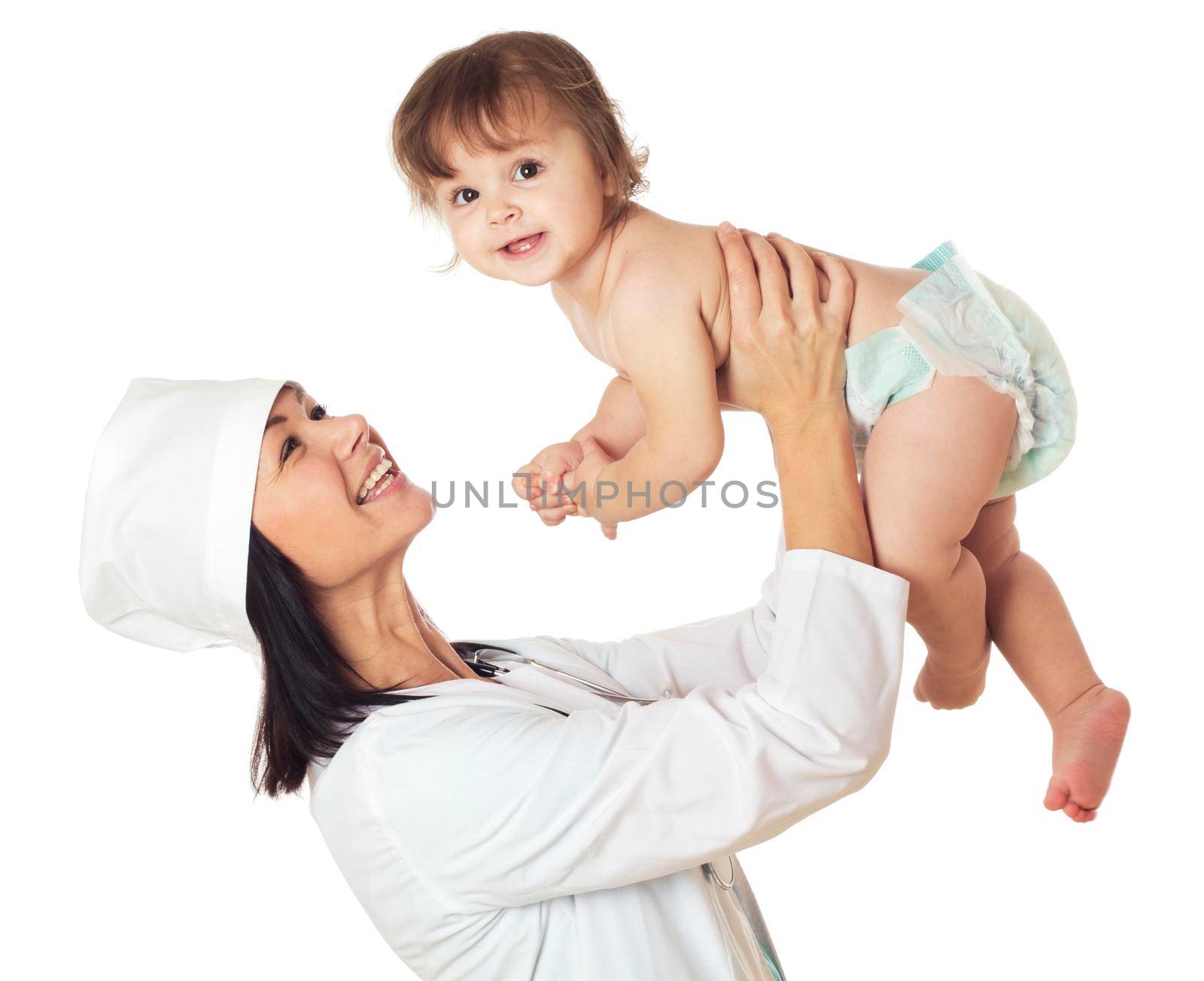 Doctor holding baby over his head. by Jyliana