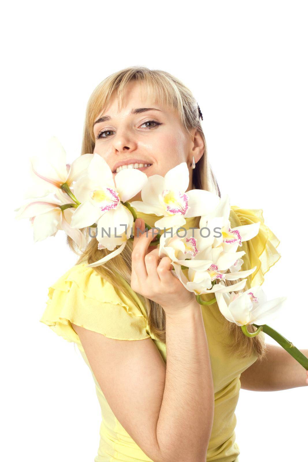 Blond womanl with orchid, isolated on white