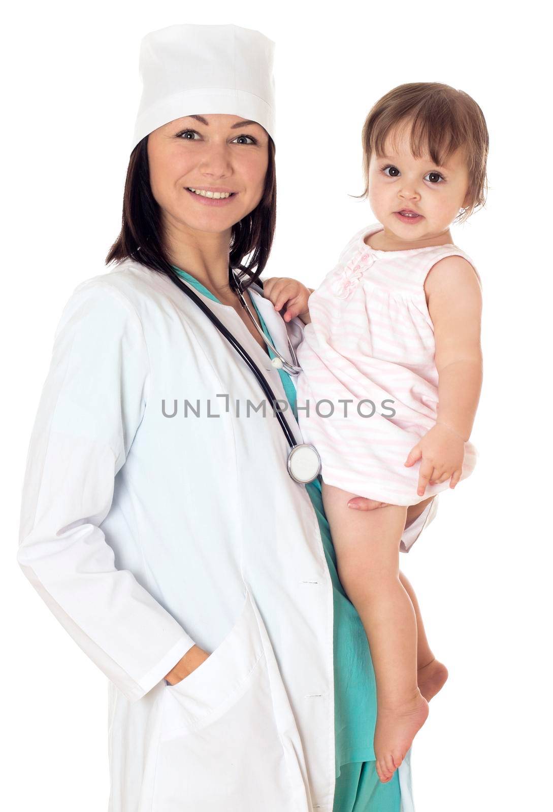 Doctor checking baby with stethoscope on white background. by Jyliana