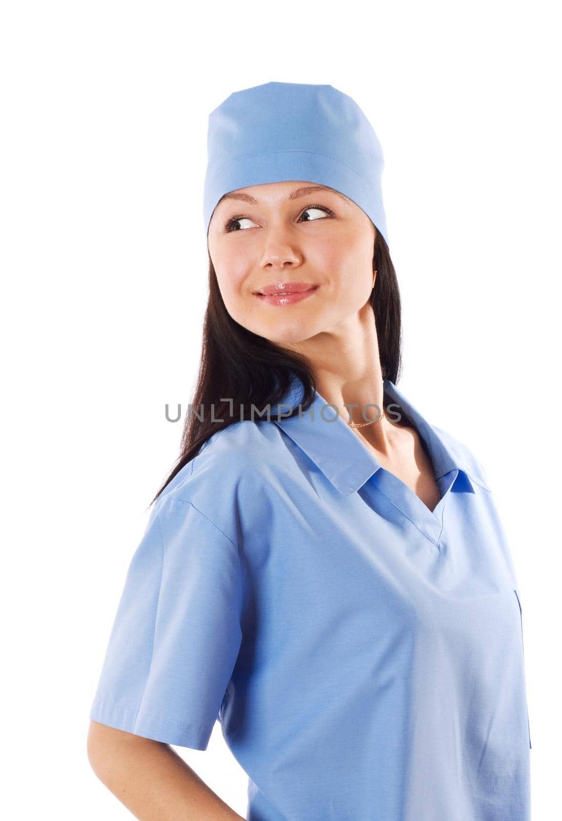 Full isolated studio picture from a young and beautiful smiling female doctor looking up.