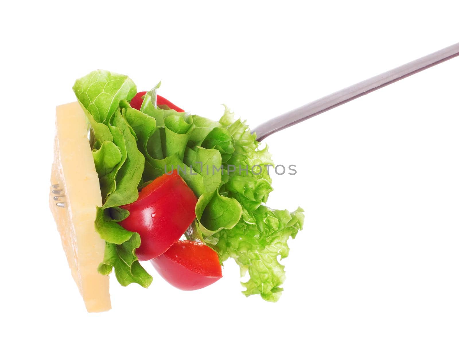 Salad on fork isolated on white.