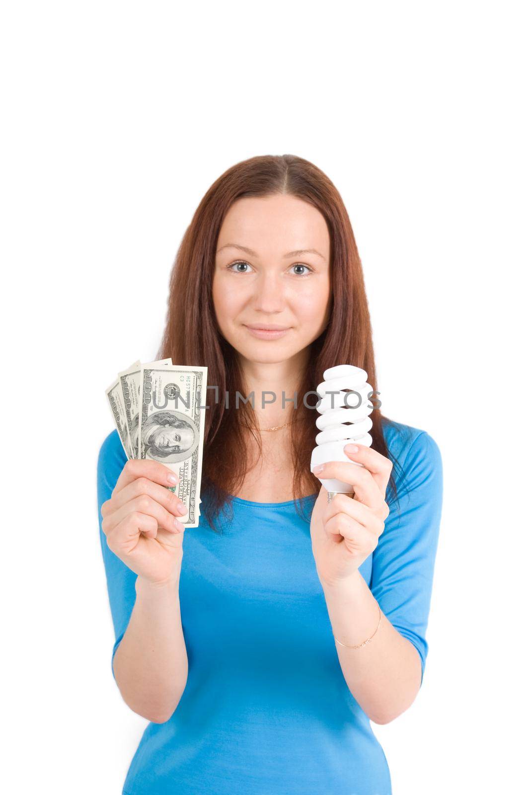 girl with bulb and dollars isolated