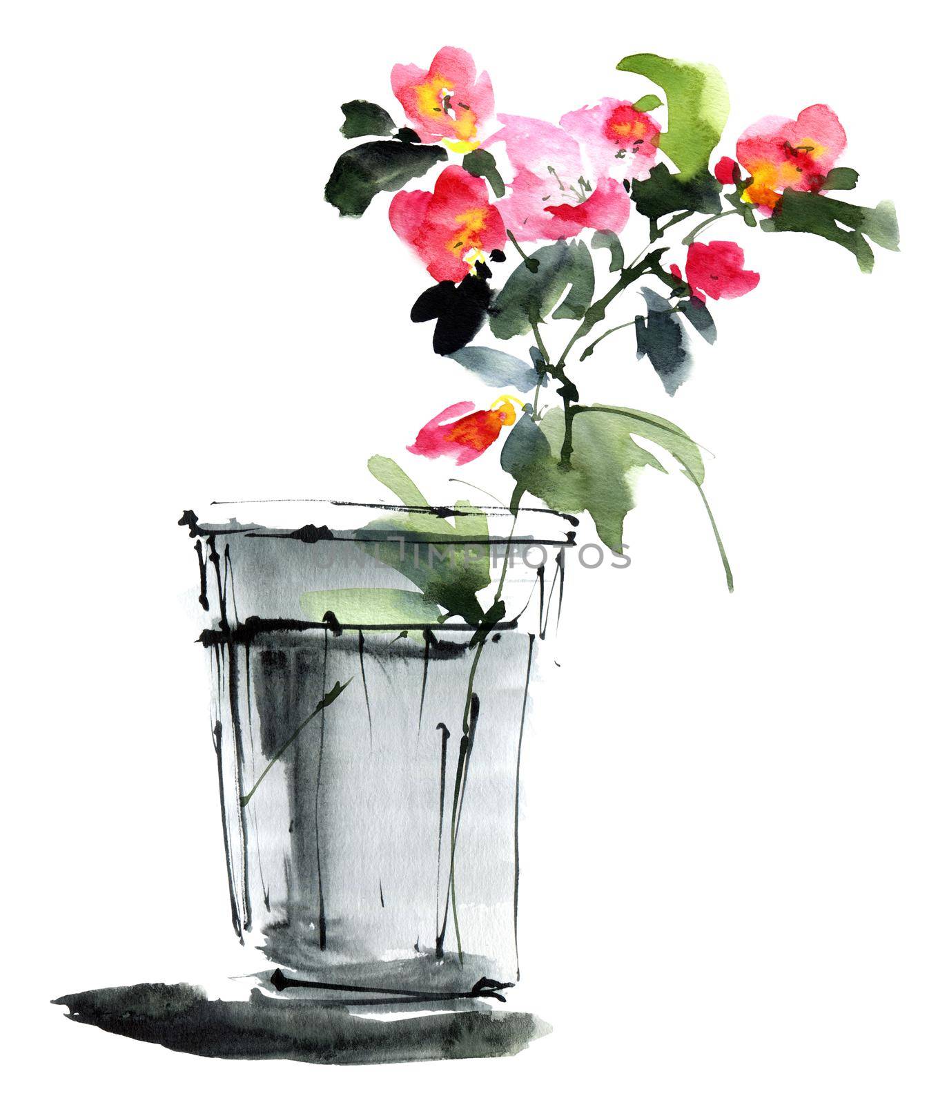 Watercolor and ink illustration of flowers - blossom plant with pink flowers and buds in the glass vase. Sumi-e art.