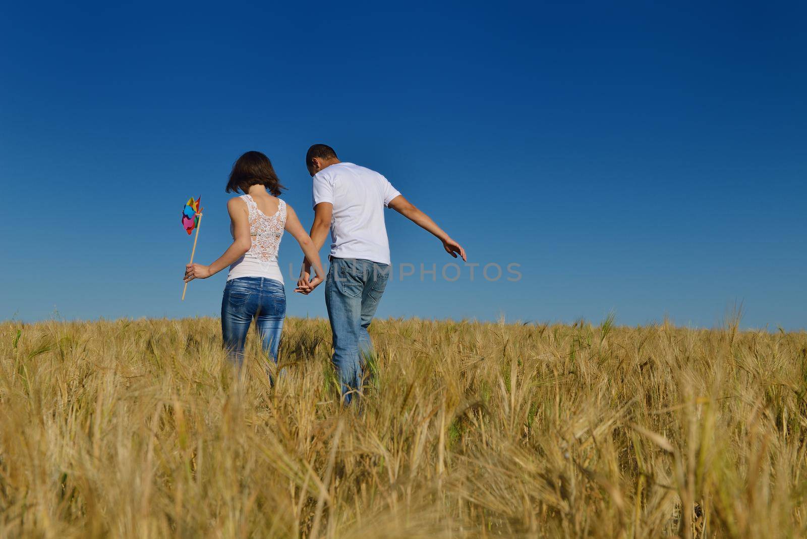 happy couple in wheat field by dotshock