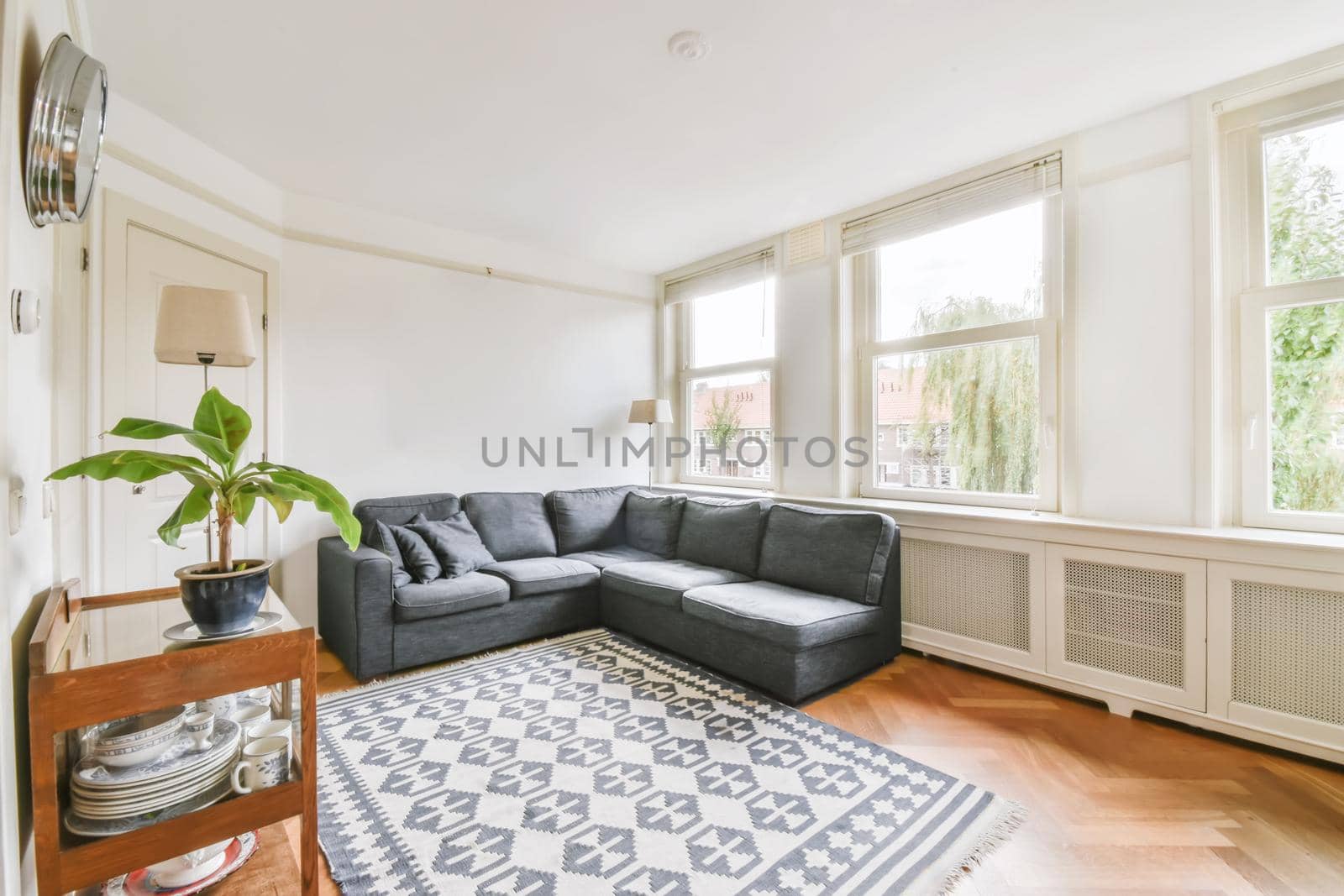 Comfortable couch located near carpet in spacious minimalist style living room in modern apartment