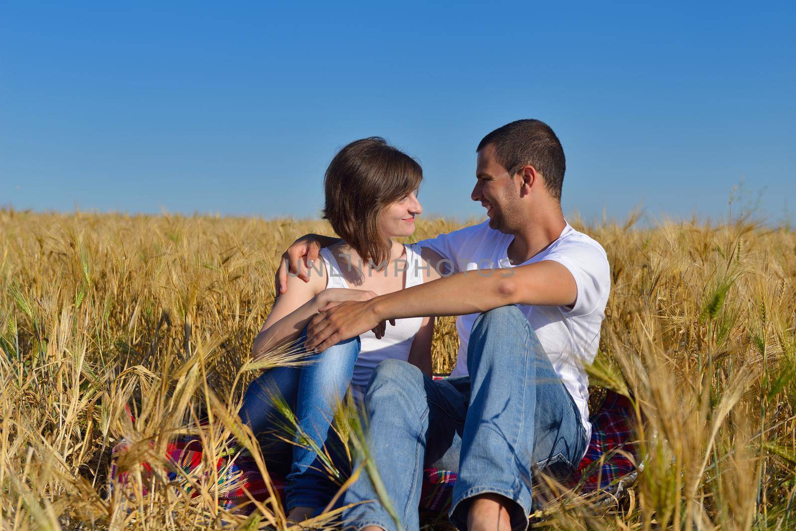 happy couple in wheat field by dotshock