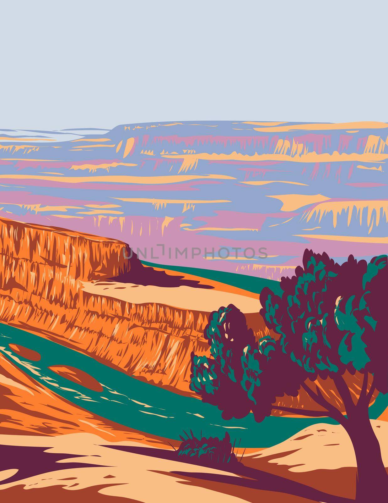 WPA poster art of Dead Horse Point State Park with a dramatic overlook of the Colorado River and Canyonlands National Park Utah United States of America USA done in works project administration style.