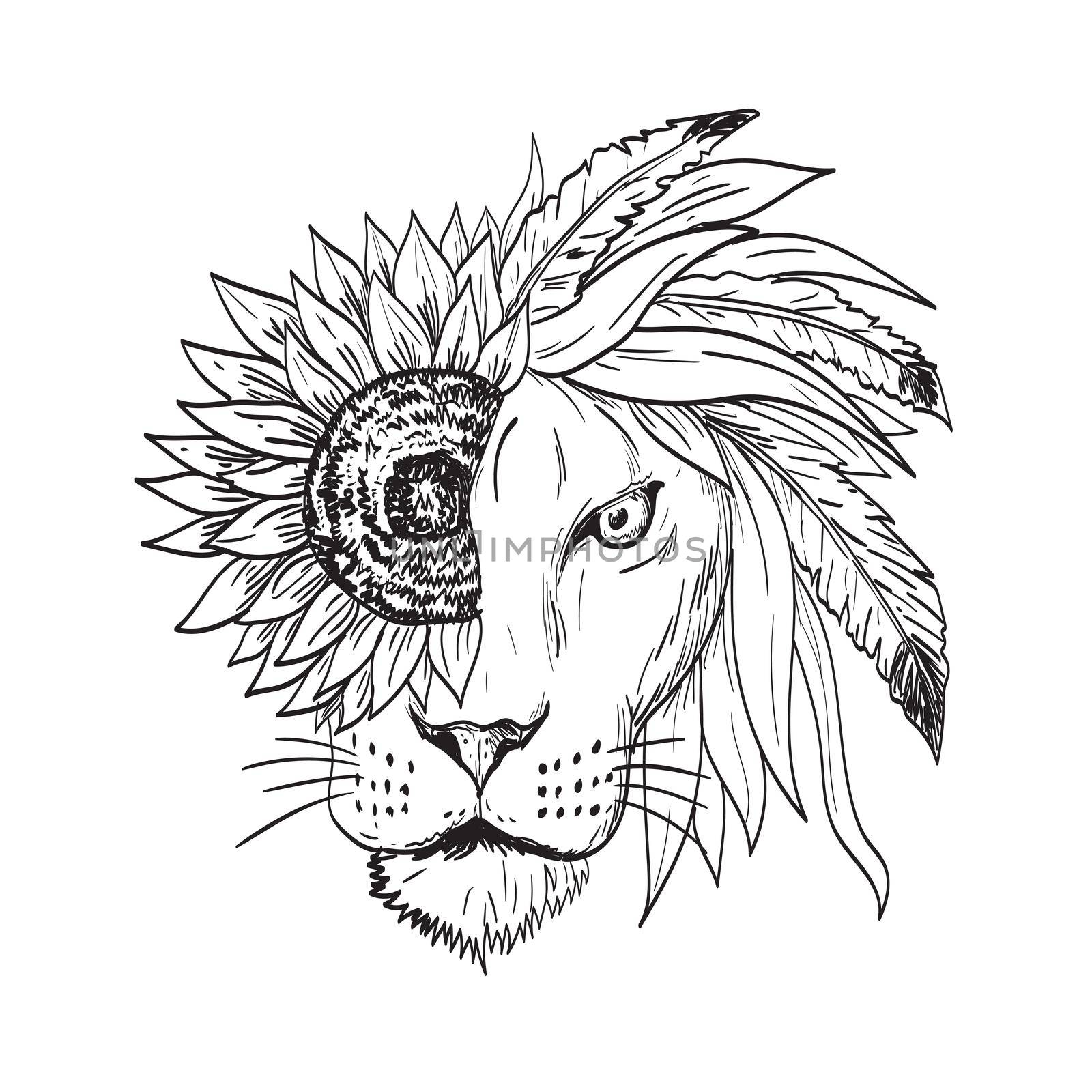 Drawing sketch style illustration of a lion with sunflower, Helianthus, feather and leaves as mane viewed from front on isolated background in black and white tattoo style.

