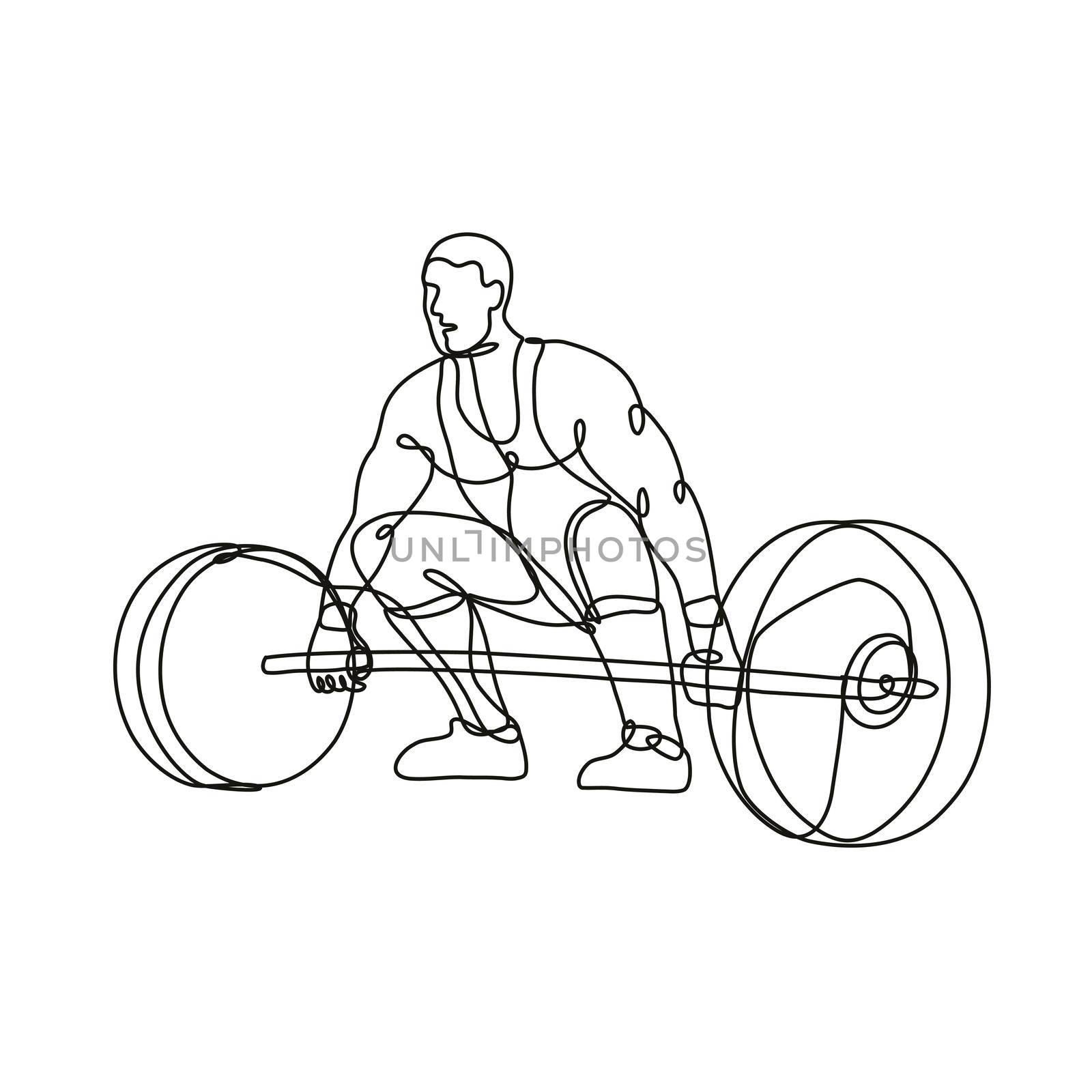 Continuous line drawing illustration of a weightlifter lifting heavy weight barbell viewed from front done in mono line or doodle style in black and white on isolated background. 
