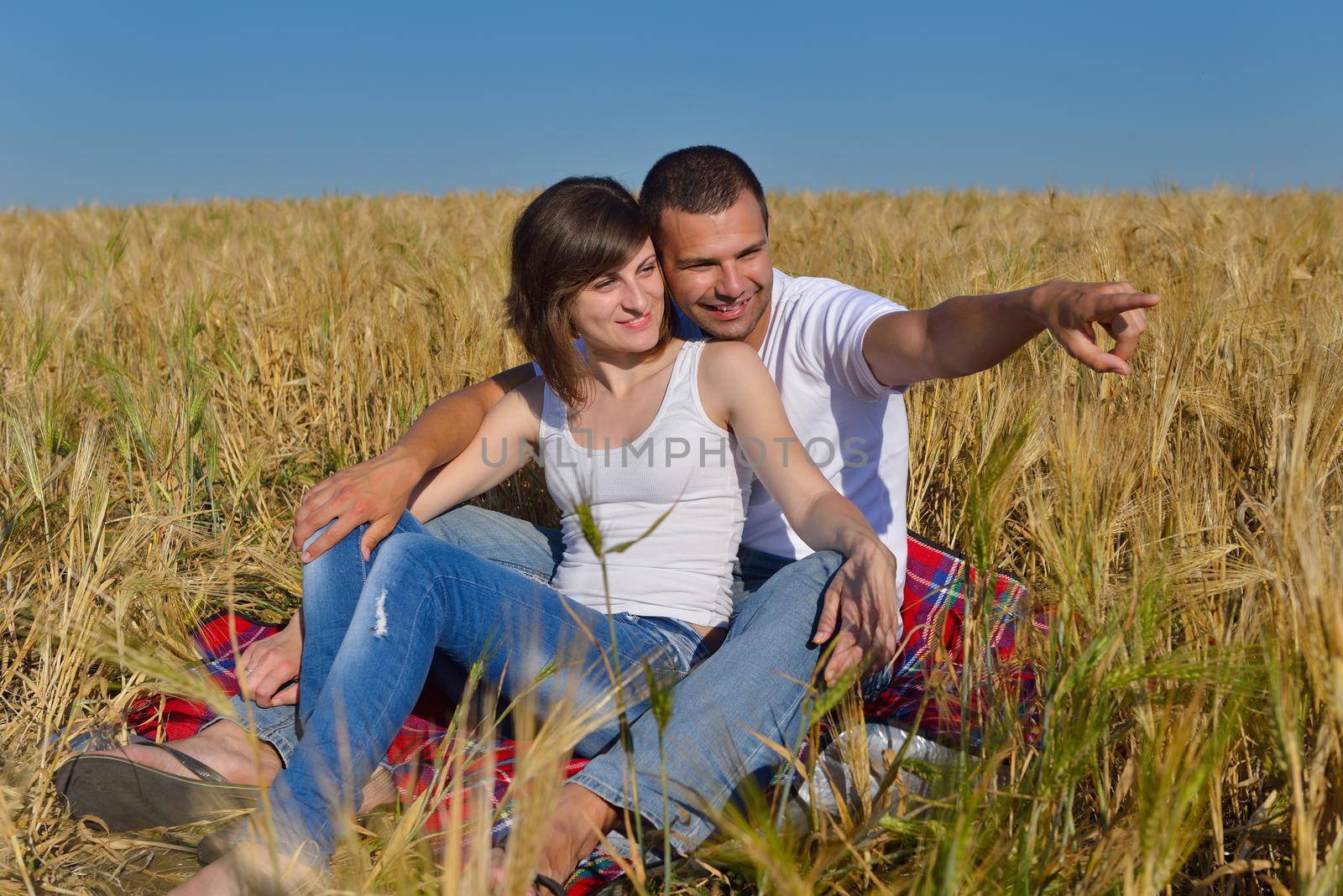 happy couple in wheat field by dotshock