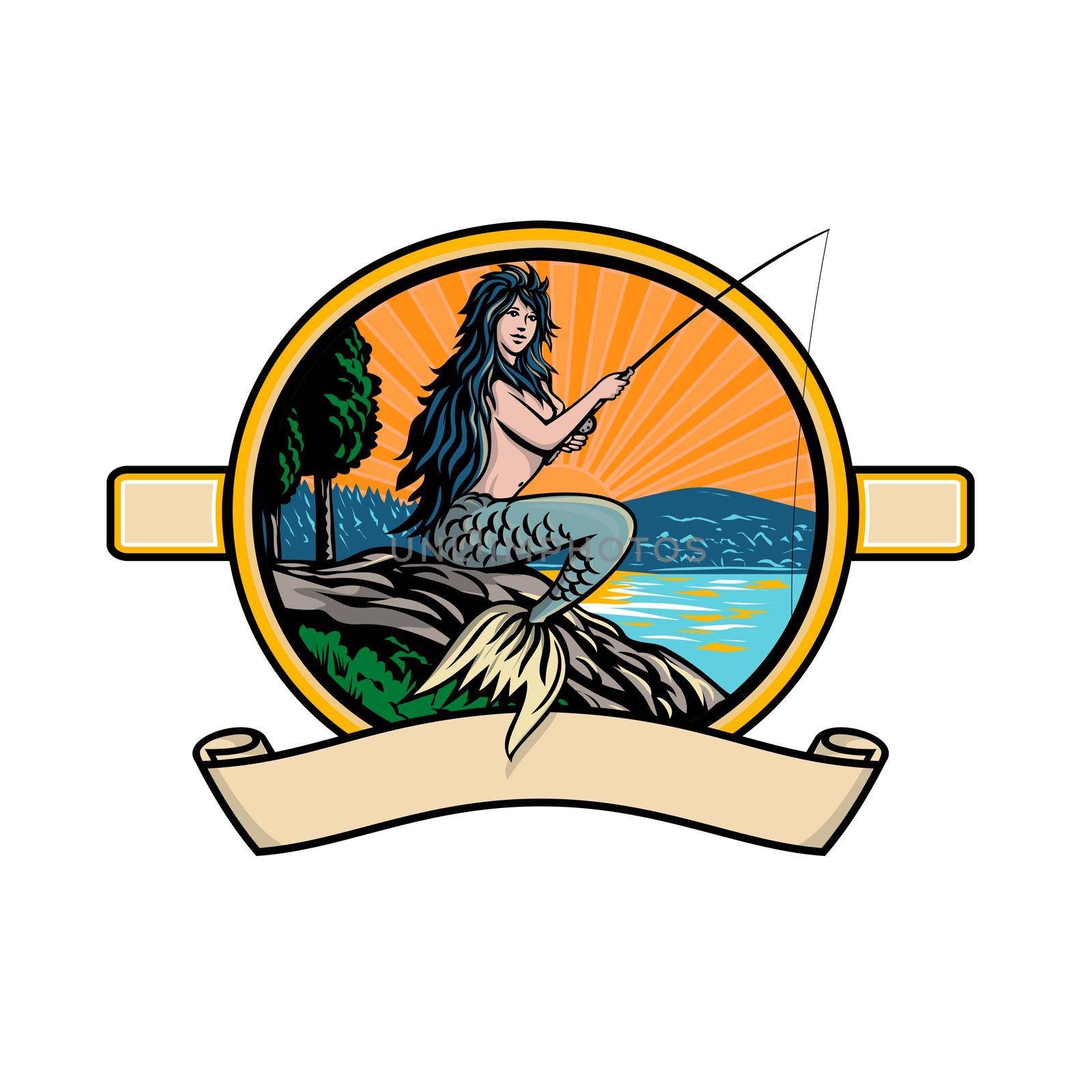 Retro style illustration of mermaid with fishing rod and reel fly fishing in lake or river with mountains and sunburst viewed from side set inside oval on isolated background in full color style.