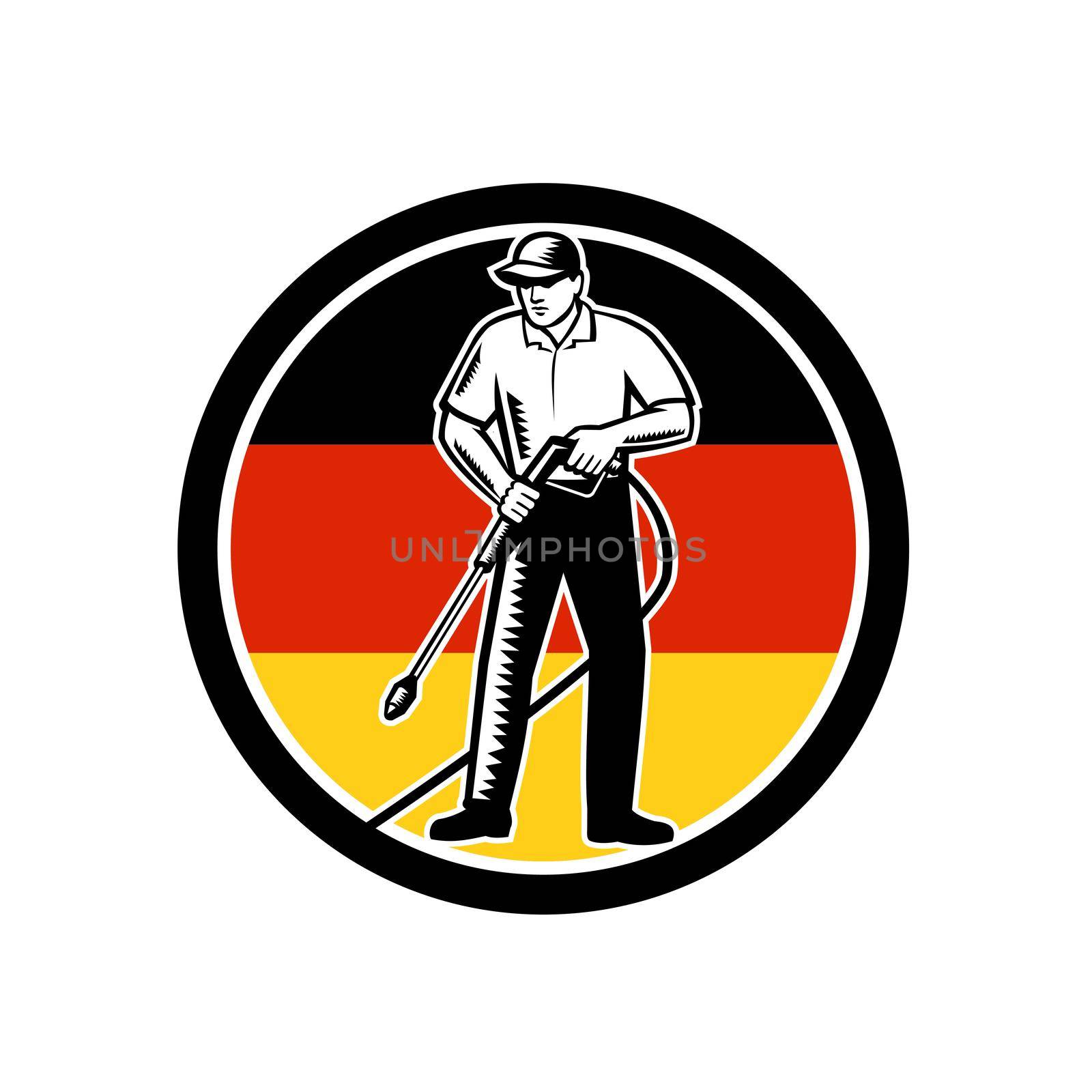 Illustration of British worker with pressure washer chemical washing using high-pressure water spray with flag of Germany set inside circle done in retro woodcut style. 