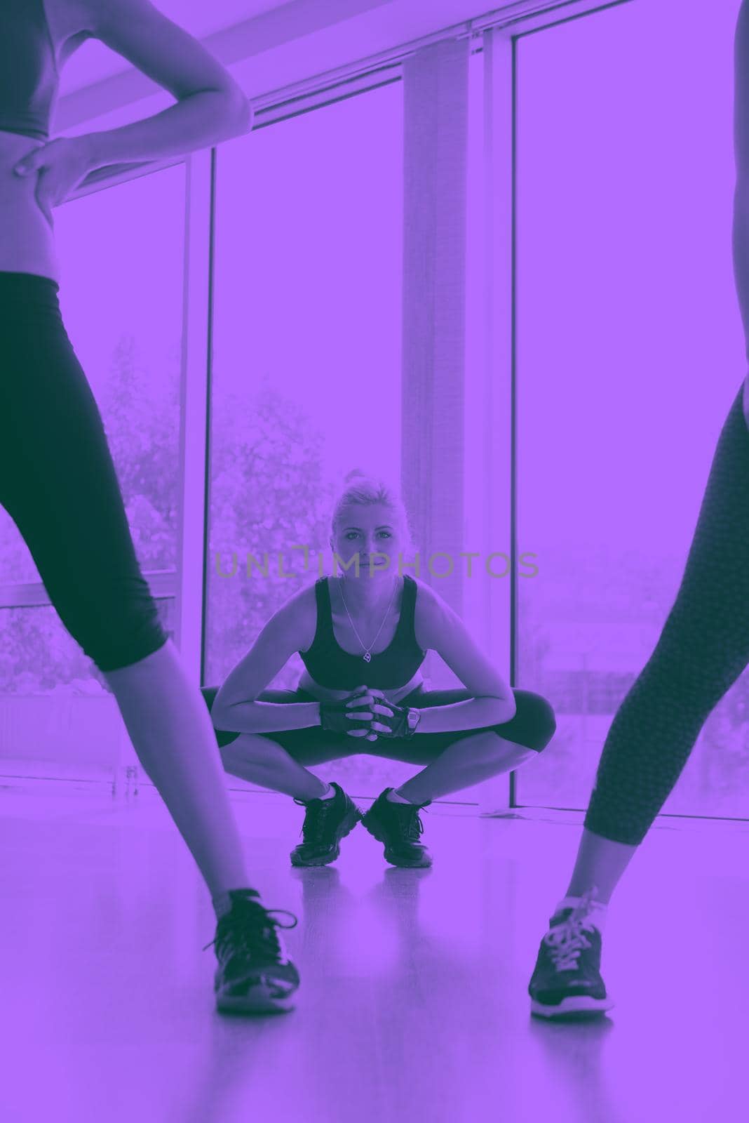 group of young people working out in a fitness gym duo tone