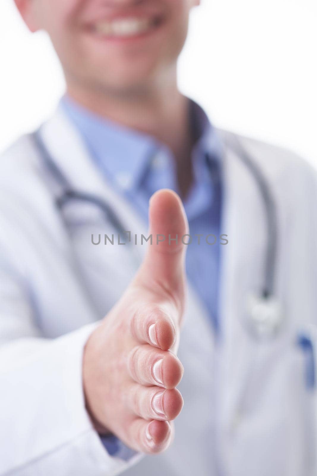 doctor handshake friendly male doctor with open hand ready for hugging