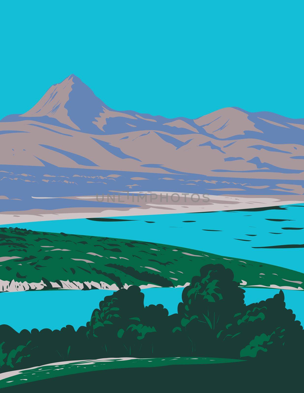 WPA poster art of Alamo Lake State Park centered on Alamo Lake and Artillery Peak located Wenden, Arizona, United States USA done in works project administration style.