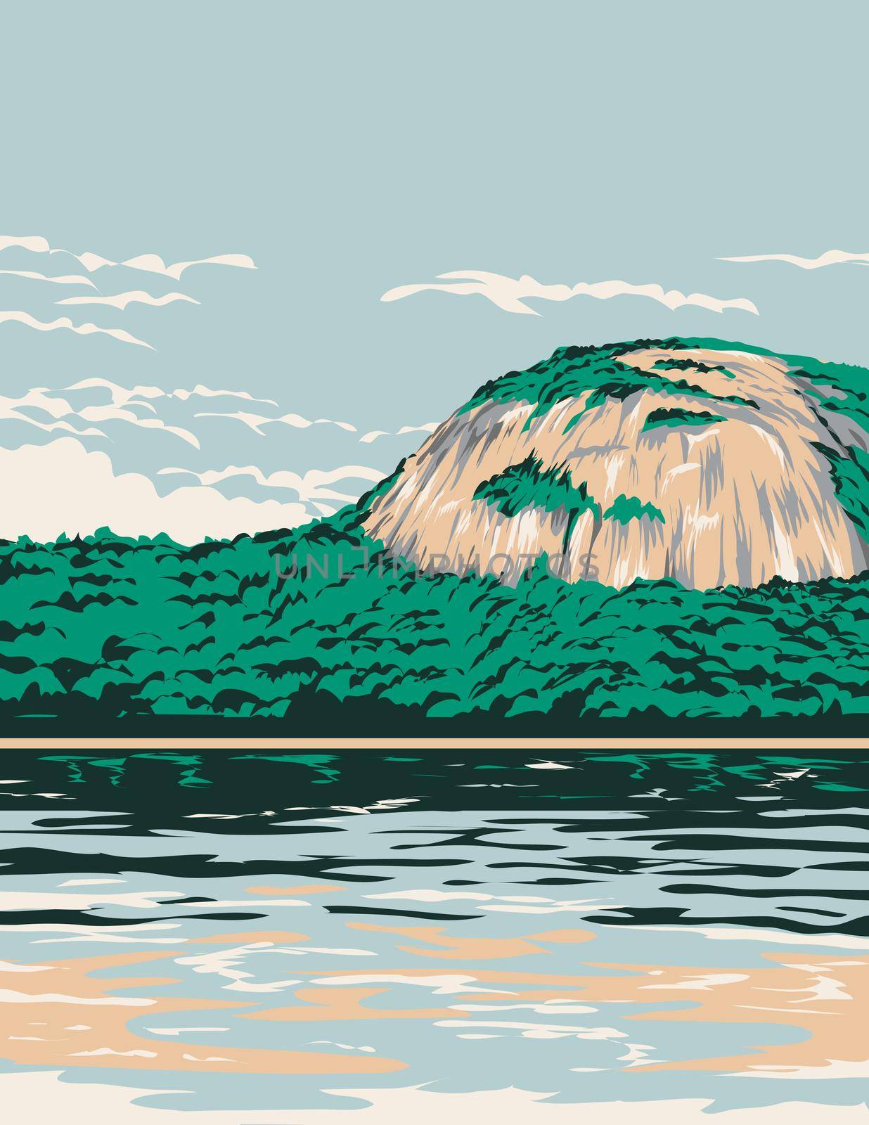 WPA poster art of Echo Lake State Park with Echo Lake, Cathedral Ledge and White Horse Ledge located in North Conway, New Hampshire United States USA done in works project administration style.
