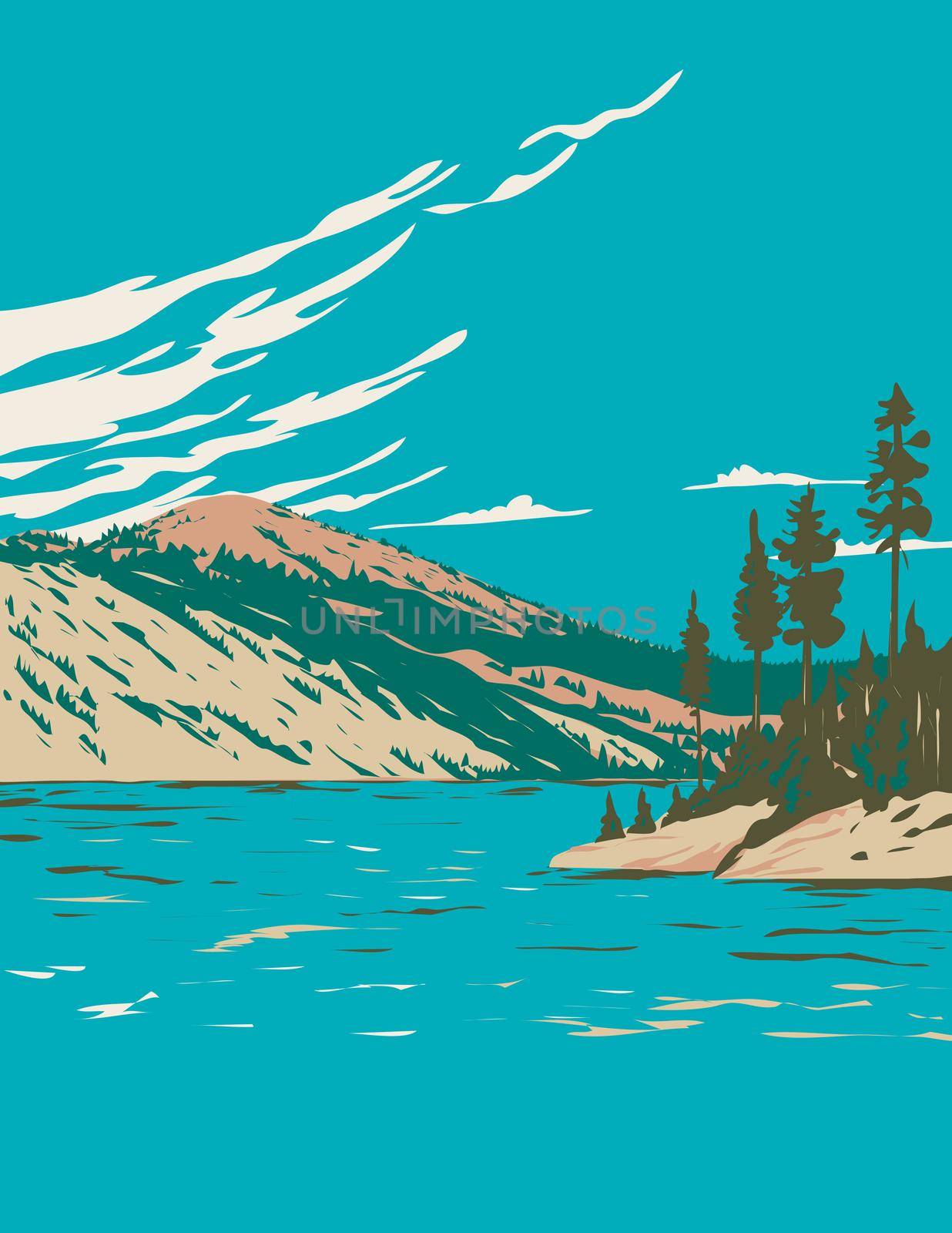 WPA poster art of Lake Tahoe-Nevada State Park with Marlette Lake and Hobart Reservoir located in Nevada, United States of America USA done in works project administration style.
