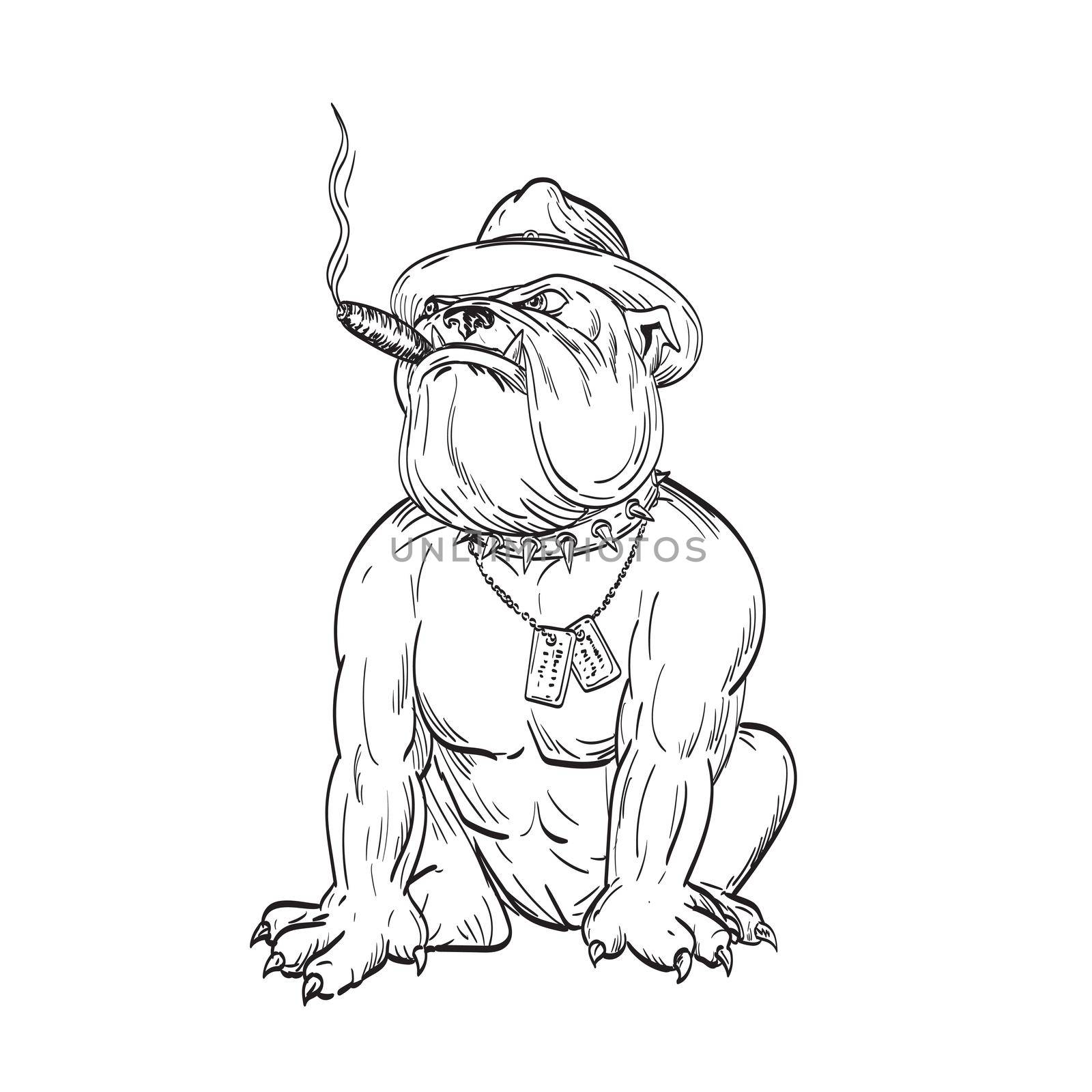 Army Sergeant Major Bulldog Devil Dog Smoking Cigar Wearing Dog Tags Sitting Tattoo Drawing Black and White by patrimonio