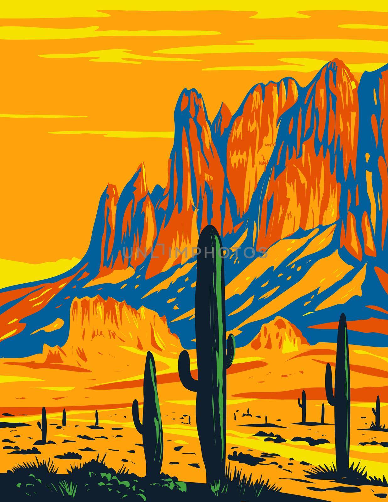 WPA poster art of Lost Dutchman State Park showing Flat Iron in the Superstition Mountains located in Arizona, United States of America USA done in works project administration style.