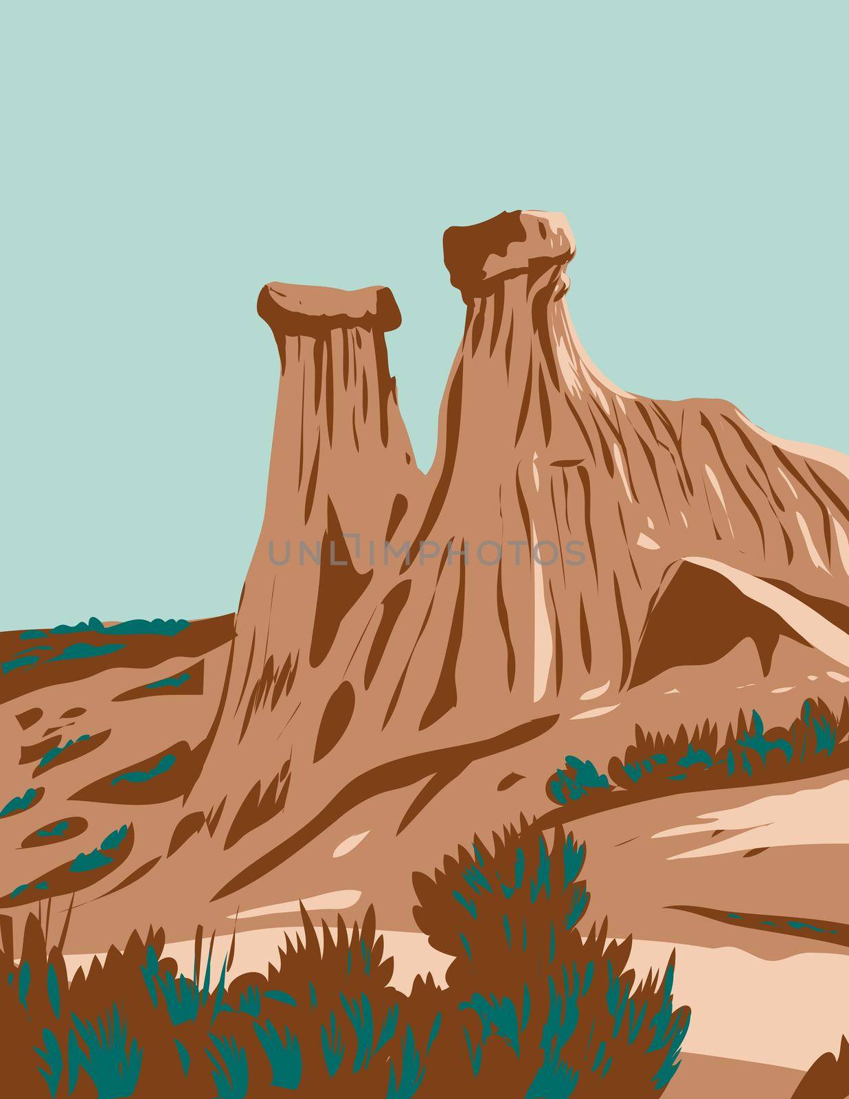 WPA poster art of Makoshika State Park showing rock formations located in Dawson County, Montana, United States of America USA done in works project administration style.